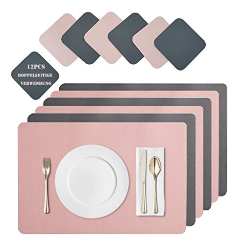 JDkilp Platzset Abwischbar, Leder Untersetzer Und Tischset 6er Set, Platzdeckchen Abwaschbar Doppel Verdickte 45x30cm, Für Hause Küche Restaurant Und Hotel (pink + dunkelgrau) von JDkilp