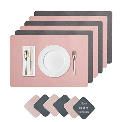 Platzset Abwischbar, 6er-Set, wasserdicht, rutschfest, 6er-Set und doppelt verdickte Esstischmatten, Leder-Untersetzer und Platzsets für den Esstisch 45x30cm(rosa dunkelgrau) von JDkilp