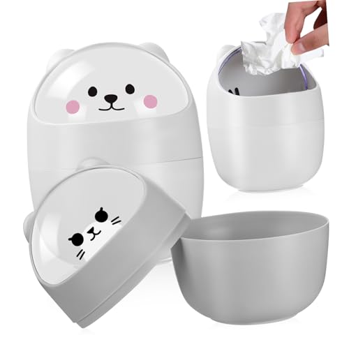 JECOMPRIS 2 Stück Mini Mülleimer mit Deckel Kleiner Tischabfalleimer aus Geruchsneutralem Kunststoff Süßer Katzen Design Desktop Mülleimer für Büro Schlafzimmer Bad Platzsparend und von JECOMPRIS