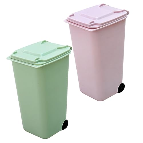 JECOMPRIS 2 Stück Mini Tischmülleimer mit Deckel Multifunktionaler Desktop Abfalleimer und Stiftehalter Grün Rosa Kompakt Tragbar Geruchsdicht für Büro Küche und Zuhause von JECOMPRIS