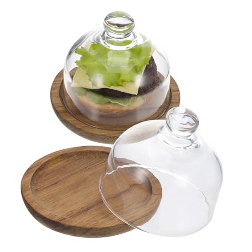 JECOMPRIS 2 Stück Teiliges Butterdosenset mit Glasdom Eleganter Holztablett Kuchenständer Transparenter Kuchenglocke mit Griff Stilvolles Dessertdisplay Einfach zu Reinigen und Praktisch von JECOMPRIS