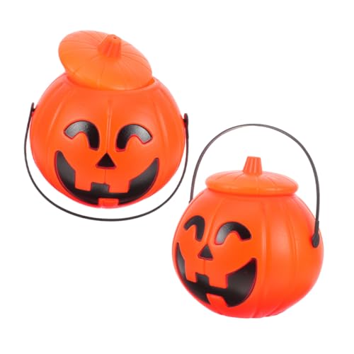 JECOMPRIS 2 Stück Teiliges Halloween Kürbis Eimer aus Stabilem Kunststoff mit Deckel und Griff Leichter Tragbarer Süßigkeitenbehälter für Trick Treat und Partydekoration von JECOMPRIS