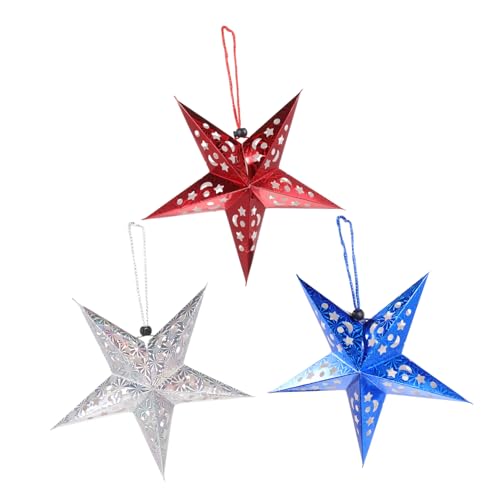 JECOMPRIS 3 Stück Teiliges Weihnachts Papier Hängedekor Sternform Silber Rot Blau Stilvolle Weihnachtsdeko für Fenster Tür und Garten Hochwertige Dreidimensionale Sterne von JECOMPRIS