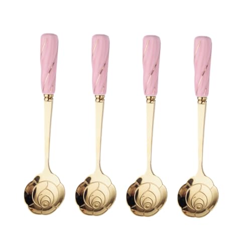 JECOMPRIS 4 Stück Eleganter Teiliges Kaffeelöffel mit Blumen Design aus Rostfreiem Stahl und Keramikgriff Praktischer Dessertlöffel für Kaffee Eiscreme und Haushalt Lang Rosa Goldene Farbe von JECOMPRIS