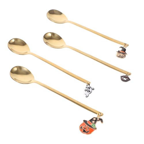 JECOMPRIS 4 Stück Teiliges Halloween Besteckset aus Kreative Goldfarbene Kürbislöffel für Dessert Kaffee Eis und Mixen Ergonomisch Geformt Rostfrei Spülmaschinenfest für Partys und von JECOMPRIS