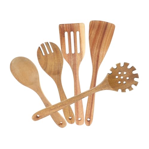 JECOMPRIS 5 Teiliges Holzgeschirr Set Löffel Schlitzlöffel Spaghetti Servierlöffel Küchenutensilien Holz Küchengeschirr Pfannenwender Holzwender Spaghettilöffel Braunes Teakholz von JECOMPRIS