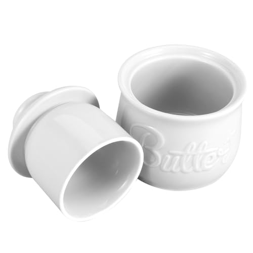 JECOMPRIS Butterdose Butterschale mit Deckel Thekenbutterhalter Butterhalter mit Deckel französischer Buttertopf Butterserver Buttertrockel mit Deckel Butterbehälter mit Deckel Keramik Weiß von JECOMPRIS