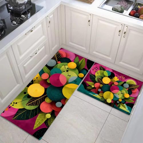 2 Stück Küchenteppich 3D Polka Dot Blumen Waschbar rutschfest Küchenläufer Abstrakte Geometrie Gedrucktes Muster Küche Flur Bodenmatte Läufer Teppich (Magenta), 40X60Cm+40X120Cm von JEDTAKCT