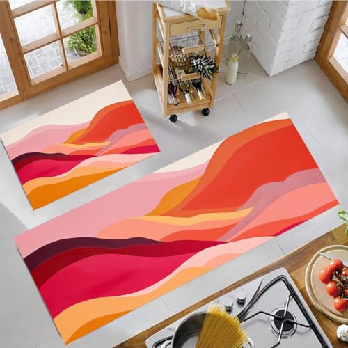 2 Stück Küchenteppich Abstrakte Berge Waschbar rutschfest Küchenläufer Moderne Geometrie Gedrucktes Muster Küche Flur Bodenmatte Läufer Teppich (Magenta), 40X60Cm+40X120Cm von JEDTAKCT