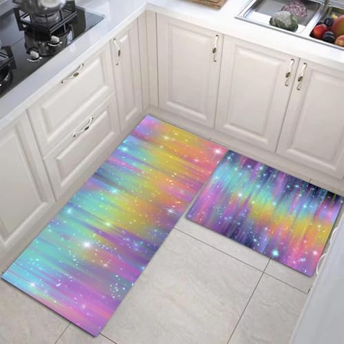 2 Stück Küchenteppich Fantasie-Regenbogen Waschbar rutschfest Küchenläufer Verträumter Sternenhimmel Gedrucktes Muster Küche Flur Bodenmatte Läufer Teppich (Violett), 50X80Cm+50X150Cm von JEDTAKCT