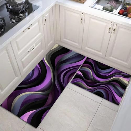2 Stück Küchenteppich Fashion Wave Waschbar rutschfest Küchenläufer Abstrakt Geometrisch Gedrucktes Muster Küche Flur Bodenmatte Läufer Teppich (Violett), 44X75Cm+44X120Cm von JEDTAKCT