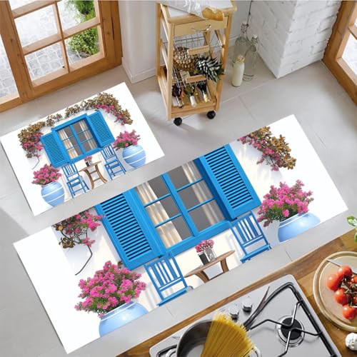 2 Stück Küchenteppich Fenster Im Griechischen Stil Waschbar rutschfest Küchenläufer Landschaftsillustration Gedrucktes Muster Küche Bodenmatte Läufer Teppich Für Wäscherei Schlafzimmer (Königsblau) 2 Stück Küchenteppich Fenster Im Griechischen Stil Waschbar rutschfest Küchenläufer Landschaftsillustration Gedrucktes Muster Küche Bodenmatte Läufer Teppich Für Wäscherei Schlafzimmer (Königsblau) von JEDTAKCT