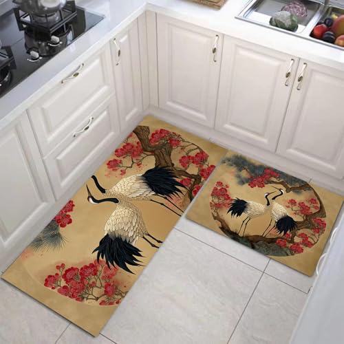 2 Stück Küchenteppich Pflaumenblütenkran Waschbar rutschfest Küchenläufer Chinesische Tiere Gedrucktes Muster Küche Flur Bodenmatte Läufer Teppich (Tan), 50X80Cm+50X150Cm von JEDTAKCT