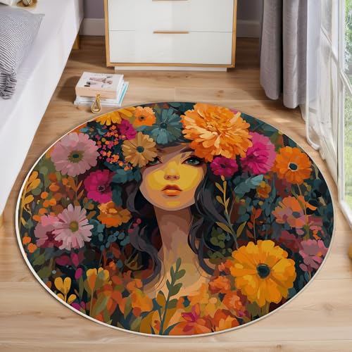 Abstraktes Blumenmuster Teppich, Waschbar 120 Cm Runder Teppich Für Schlafzimmer, Schönheitsölgemälde Kinderteppich, Rutschfester Kreis Weicher Korallenorange Für Schlafsaal Kinderzimmer Sofa von JEDTAKCT