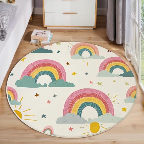 Cartoon-Regenbogen Runder Teppiche, Waschbarer Teppich Rund 60 Cm, Handgezeichnete Illustration Teppich Klein, Weich Kurzflor Rutschfest, Puderblau Teppiche Schlafzimmer Wohnzimmer Kinderzimmer Cartoon-Regenbogen Runder Teppiche, Waschbarer Teppich Rund 60 Cm, Handgezeichnete Illustration Teppich Klein, Weich Kurzflor Rutschfest, Puderblau Teppiche Schlafzimmer Wohnzimmer Kinderzimmer von JEDTAKCT