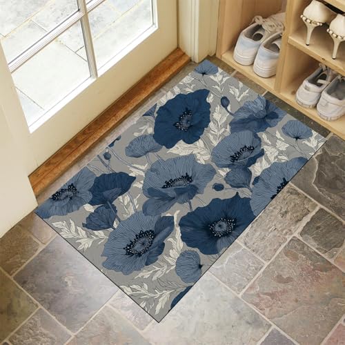 Dunkelblau Waschbarer Teppich Handgezeichnete Mohnblüten Muster 90X150Cm Gotische Pflanzen Eingangsbereich Modern Fußmatte Badezimmerteppich Weich Rutschfest Kleiner Kurzflor Bad Schlafzimmer Dunkelblau Waschbarer Teppich Handgezeichnete Mohnblüten Muster 90X150Cm Gotische Pflanzen Eingangsbereich Modern Fußmatte Badezimmerteppich Weich Rutschfest Kleiner Kurzflor Bad Schlafzimmer von JEDTAKCT