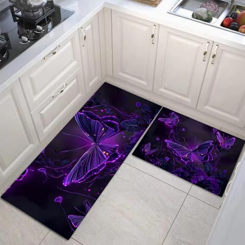 Fantasie-Schmetterling Küchenteppich Sets 2 Stück Flur Läufer Geheimnisvolles Tier Muster Teppichläufer Dunkelviolett Küchenläufer Teppiche Rutschfest Waschbar Für Bettvorleger 40X60Cm+40X120Cm von JEDTAKCT