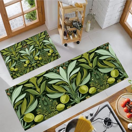 Handbemalte Olivenblätter Küchenteppich Sets 2 Stück Flur Läufer Mittelalterliche Botanik Muster Teppichläufer Smaragdgrün Küchenläufer Teppiche Rutschfest Waschbar Für Bettvorleger 50X80Cm+50X150Cm von JEDTAKCT