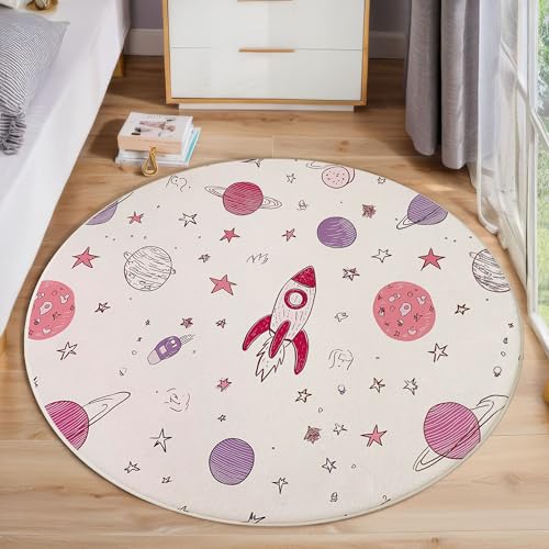 Handgezeichnete Planeten Raketen Teppich, Waschbar 200 Cm Runder Teppich Für Schlafzimmer, Weltraumthema Kinderteppich, Rutschfester Kreis Weicher Rosa Und Lila Für Schlafsaal Kinderzimmer Sofa von JEDTAKCT