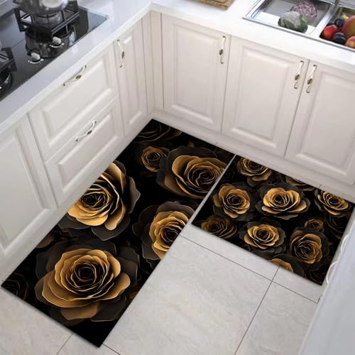 JEDTAKCT 2 Stück Küchenteppich 3D Metall Rose Waschbar rutschfest Küchenläufer Abstrakte Pflanze Gedrucktes Muster Küche Flur Bodenmatte Läufer Teppich (Tan), 50X80Cm+50X150Cm von JEDTAKCT