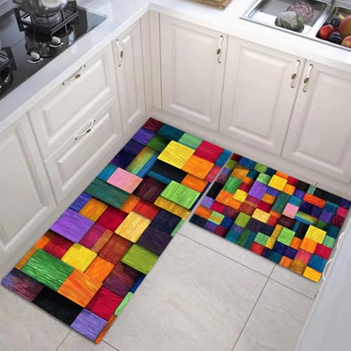 JEDTAKCT 2 Stück Küchenteppich 3D Regenbogen Holzblöcke Waschbar rutschfest Küchenläufer Abstrakt Geometrisch Gedrucktes Muster Küche Flur Bodenmatte Läufer Teppich (Marineblau), 44X75Cm+44X120Cm von JEDTAKCT