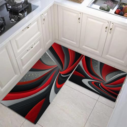 JEDTAKCT 2 Stück Küchenteppich 3D Spiral Sternenhimmel Waschbar rutschfest Küchenläufer Future Style Geometrie Gedrucktes Muster Küche Flur Bodenmatte Läufer Teppich (Schwarz Rot), 44X75Cm+44X120Cm von JEDTAKCT