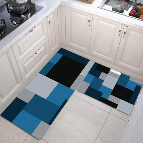 JEDTAKCT 2 Stück Küchenteppich Farbverlaufskaro Waschbar rutschfest Küchenläufer Modernes Geometrisches Muster Gedrucktes Muster Küche Flur Bodenmatte Läufer Teppich (Marineblau), 44X75Cm+44X120Cm von JEDTAKCT