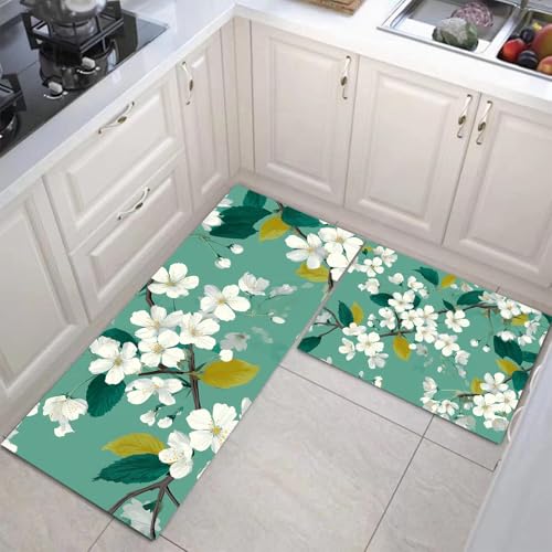JEDTAKCT 2 Stück Küchenteppich Frühlingskirschblüten Waschbar rutschfest Küchenläufer Botanisches Ölgemälde Gedrucktes Muster Küche Flur Bodenmatte Läufer Teppich (Mintgrün), 43X75Cm+43X150Cm von JEDTAKCT
