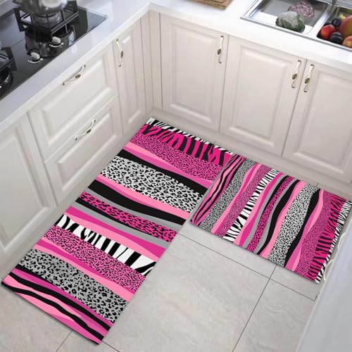 JEDTAKCT 2 Stück Küchenteppich Geometrischer Leopard Waschbar rutschfest Küchenläufer Punk-Zebra Gedrucktes Muster Küche Flur Bodenmatte Läufer Teppich (Magenta), 40X60Cm+40X120Cm von JEDTAKCT