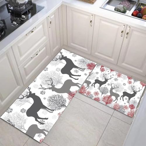 JEDTAKCT 2 Stück Küchenteppich Schneeflockenelch Waschbar rutschfest Küchenläufer Weihnachtswald Gedrucktes Muster Küche Flur Bodenmatte Läufer Teppich (Anthrazitgrau), 50X80Cm+50X150Cm von JEDTAKCT