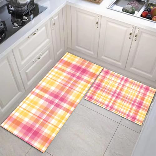 JEDTAKCT 2 Stück Küchenteppich Süßes Buffalo Plaid Waschbar rutschfest Küchenläufer Bauernhaus Geometrisch Gedrucktes Muster Küche Flur Bodenmatte Läufer Teppich (Zitronengelb), 50X80Cm+50X150Cm von JEDTAKCT
