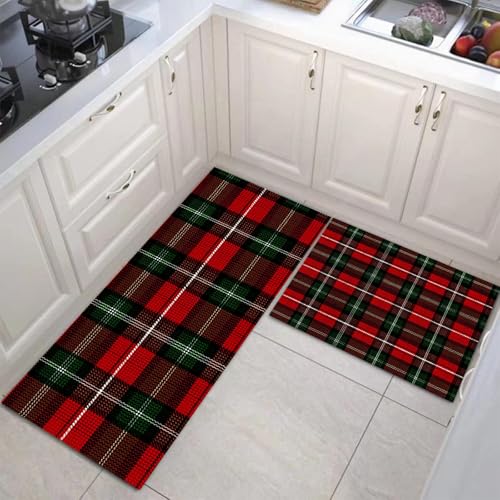 JEDTAKCT 2 Stück Küchenteppich Weihnachten Buffalo Plaid Waschbar rutschfest Küchenläufer Land Geometrisch Gedrucktes Muster Küche Flur Bodenmatte Läufer Teppich (Rot Grün), 44X75Cm+44X120Cm von JEDTAKCT