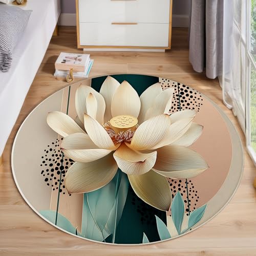 JEDTAKCT 3D Eleganter Lotus Teppich, Waschbar 120 cm Runder Teppich Für Schlafzimmer, Böhmische Geometrie Kinderteppich, Rutschfester Kreis Weicher Beige Für Schlafsaal Kinderzimmer Sofa von JEDTAKCT