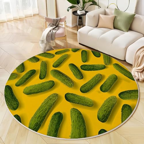JEDTAKCT 3D-Gurken Runder Teppiche, Waschbarer Teppich Rund 200 cm, Retro-Pflanzen Teppich Klein, Weich Kurzflor rutschfest, Senfgelb Teppiche Schlafzimmer Wohnzimmer Kinderzimmer von JEDTAKCT
