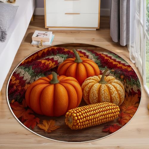 JEDTAKCT 3D-Kürbismais Teppich, Waschbar 120 cm Runder Teppich Für Schlafzimmer, Rustikales Erntedankfest Kinderteppich, Rutschfester Kreis Weicher Dunkelorange Für Schlafsaal Kinderzimmer Sofa von JEDTAKCT