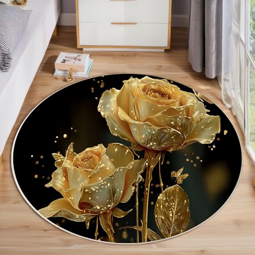 JEDTAKCT 3D Metall Rose Teppich, Waschbar 80 cm Runder Teppich Für Schlafzimmer, Luxus Schmetterling Kinderteppich, Rutschfester Kreis Weicher Gold Für Schlafsaal Kinderzimmer Sofa von JEDTAKCT