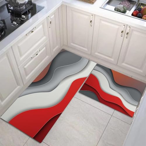 JEDTAKCT 3D Moderne Welle Küchenmatten 2Er Set, 50X80Cm+50X150Cm Küchenteppich Waschbar rutschfest, Küchenteppiche, Rot Grau Küchenläufer Für Badezimmer Zuhause Büro (Abstrakt Geometrisch) von JEDTAKCT