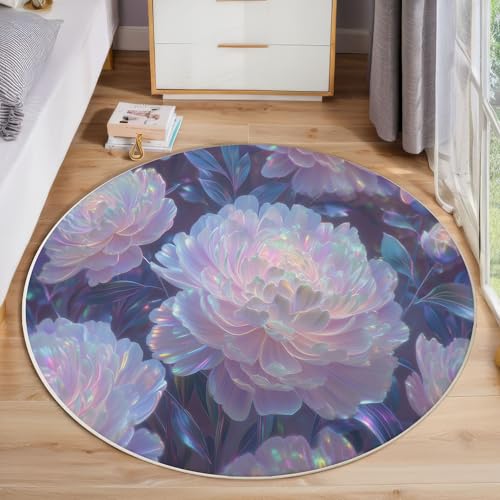 JEDTAKCT 3D Romantische Pfingstrose Teppich, Waschbar 100 cm Runder Teppich Für Schlafzimmer, Verträumte Pflanze Kinderteppich, Rutschfester Kreis Weicher Hellrosa Für Schlafsaal Kinderzimmer Sofa von JEDTAKCT