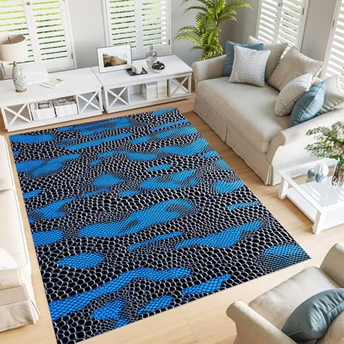 JEDTAKCT 3D Schlangenmuster Teppich Schlafzimmer, Tiermuster Teppich 120X180Cm – Weicher Waschbar Pflegeleicht, Anti-Rutsch Kurzflor Teppiche Für Wohnzimmer, Küche Schwarz Blau von JEDTAKCT