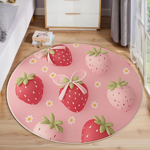 JEDTAKCT 3D Schleife Erdbeere Teppich, Waschbar 160 cm Runder Teppich Für Schlafzimmer, Niedliche Blumen Kinderteppich, Rutschfester Kreis Weicher Blush Pink Für Schlafsaal Kinderzimmer Sofa von JEDTAKCT