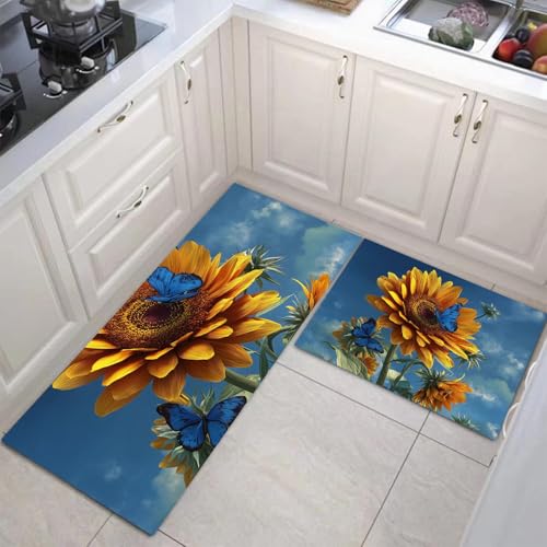 JEDTAKCT 3D Schmetterling Sonnenblume Küchenmatten 2Er Set, 50X80Cm+50X150Cm Küchenteppich Waschbar rutschfest, Küchenteppiche, Himmelblau Küchenläufer Für Badezimmer Zuhause Büro (Naturpflanzen) von JEDTAKCT