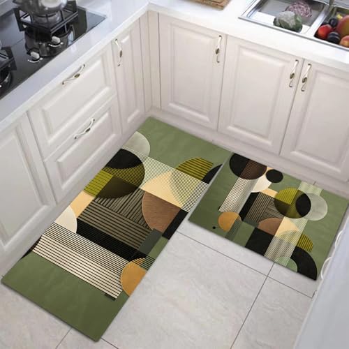 JEDTAKCT 3D-Streifengeometrie Küchenmatten 2Er Set, 43X75Cm+43X150Cm Küchenteppich Waschbar rutschfest, Küchenteppiche, Olivgrün Küchenläufer Für Badezimmer Zuhause Büro (Retro Simple) von JEDTAKCT