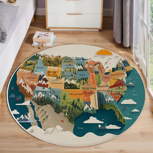 JEDTAKCT 3D Us Karte Teppich, Waschbar 60 cm Runder Teppich Für Schlafzimmer, Lustige Illustration Kinderteppich, Rutschfester Kreis Weicher Türkis Für Schlafsaal Kinderzimmer Sofa von JEDTAKCT
