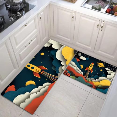 JEDTAKCT 3D Wolkenmeer Rakete Küchenmatten 2Er Set, 44X75Cm+44X120Cm Küchenteppich Waschbar rutschfest, Küchenteppiche, Marineblau Küchenläufer Für Badezimmer Zuhause Büro (Cartoon-Universum) von JEDTAKCT