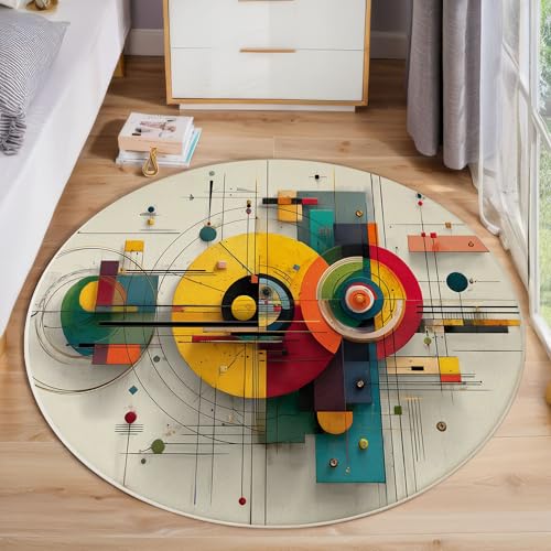JEDTAKCT Abstrakte 3D-Geometrie Teppich, Waschbar 120 cm Runder Teppich Für Schlafzimmer, Tech-Stil Poster Kinderteppich, Rutschfester Kreis Weicher Beige Für Schlafsaal Kinderzimmer Sofa von JEDTAKCT