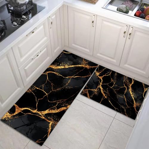 JEDTAKCT Abstrakte Streifen Küchenmatten 2Er Set, 43X75Cm+43X150Cm Küchenteppich Waschbar rutschfest, Küchenteppiche, Schwarzes Gold Küchenläufer Für Badezimmer Zuhause Büro (Eleganter Marmor) von JEDTAKCT