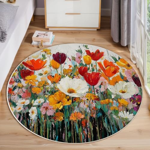 JEDTAKCT Abstrakte Tulpe Teppich Rund 120 cm rutschfest Teppiche Wohnzimmer, Pflanzenölgemälde Waschbar Teppiche Kurzflor Weich Runder Teppich Orange Rot for Schlafzimmer Studie Heimbüro JEDTAKCT Abstrakte Tulpe Teppich Rund 120 cm rutschfest Teppiche Wohnzimmer, Pflanzenölgemälde Waschbar Teppiche Kurzflor Weich Runder Teppich Orange Rot for Schlafzimmer Studie Heimbüro von JEDTAKCT