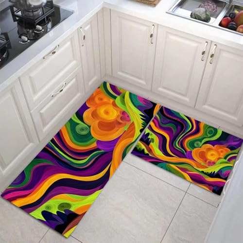 JEDTAKCT Abstrakter Wirbel Küchenmatten 2Er Set, 43X75Cm+43X150Cm Küchenteppich Waschbar rutschfest, Küchenteppiche, Violett Küchenläufer Für Badezimmer Zuhause Büro (Psychedelische Berge) von JEDTAKCT