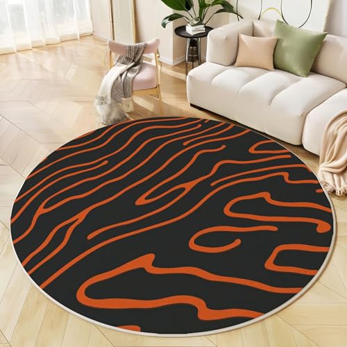 JEDTAKCT Abstrakter Zebradruck Teppich Rund 160 cm rutschfest Teppiche Wohnzimmer, Tiermotiv Waschbar Teppiche Kurzflor Weich Runder Teppich Orange Schwarz for Schlafzimmer Studie Heimbüro von JEDTAKCT