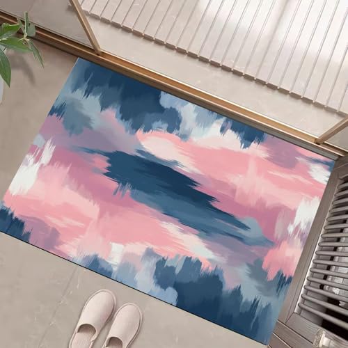JEDTAKCT Abstraktes Graffiti Fußmatte Innen Waschbar, Fussmatte Dünn Kurzflor, Kleiner Modernes Ölgemälde Eingangsteppich, Bettvorleger rutschfest Für Ecke Küche, Marineblau, 50X80Cm von JEDTAKCT